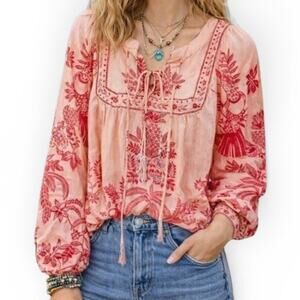 Calypso St. Barth Tropical Floral Top Pink Coral Long Sleeve Cotton Resort XL